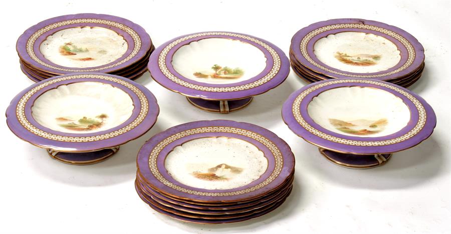 A Porcelain dessert service, consisting of eighteen plates and three comports, each with and with