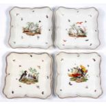 A set of four Meissen dishes of shaped form decorated with birds and insects within an embossed