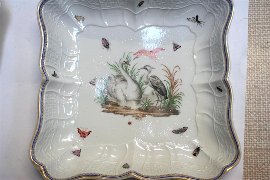 A set of four Meissen dishes of shaped form decorated with birds and insects within an embossed - Image 2 of 6