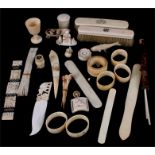 Large collection of late 19th and early 20th century ivory items including egg cup, napkin rings,