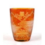 A St Louis amber etched glass beaker, decorated with HMS Victory, 9cms (3.5ins) high. Condition