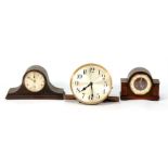 Two oak cased mantle clocks; together with a clock movement (3).