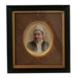 A portrait Miniature of lady in lace bonnet and collar, in black frame. 19.5cm by 18cm ( 7.75 by