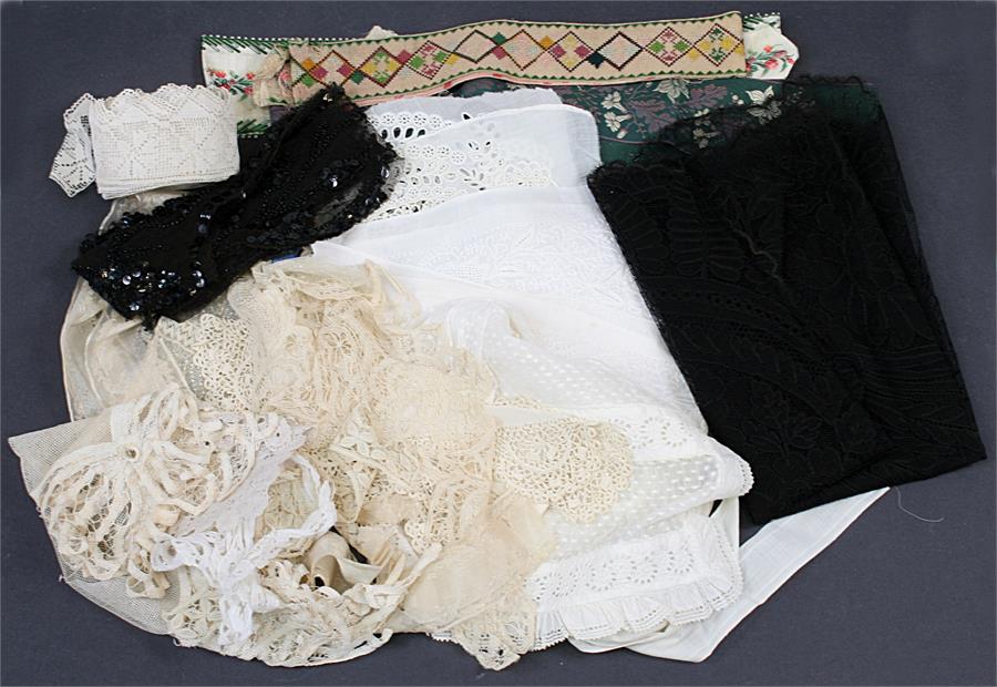 A collection of antique lace trim bonnets etc, to include embroidery and silk items.