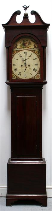 A 19th century mahogany longcase clock, the painted arch dial with Roman numerals, subsidiary