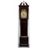 A 19th century mahogany longcase clock, the painted arch dial with Roman numerals, subsidiary