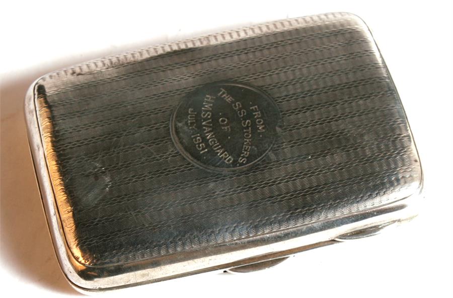 A silver cigarette case, Chester 1915, later inscribed ' from the S.S.Stokers of HMS Vanguard - Image 2 of 2