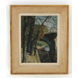 M Pilou, French school, Parisian scene, figure fishing in the Seine, signed and dated 63 lower
