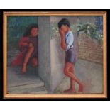 O'Neill, Irish School - Children Playing Hide and Seek - signed to verso, oil on board, framed, 50