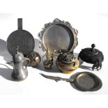 A Chinese bronze hand mirror; a Turkish dallah coffee pot; a Japanese brass censer; and other