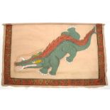 A Far Eastern textile wall hanging depicting a dragon within a foliate border, 113 by 83cms (44.5 by