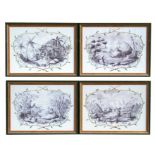 A set of four chinoiserie style watercolour paintings depicting figures in landscapes, initialled '