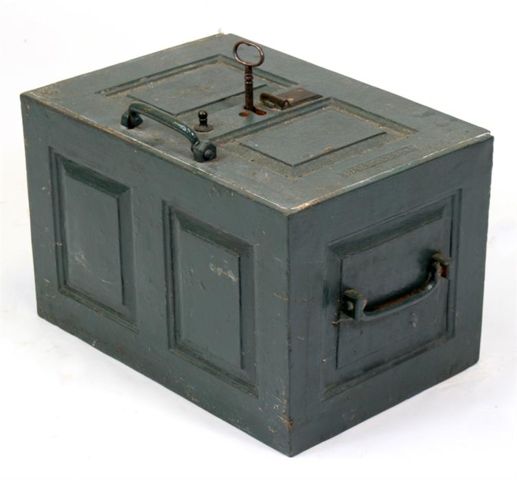 A Georgian Coalbrookdale cast iron safe or strong box with original key, 45.7cms (18ins) wide (
