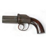 A Victorian revolving 6-barrel percussion cap pepperbox pistol with rosewood grip, 20cms (8ins)