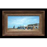 Continental School - Beach Scene - oil on board, framed, 39 by 19cms (15.75 by 7.5ins).