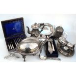 A silver and mother of pearl handled part desert set, a silver plated turnover entree dish and other