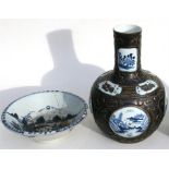 A large Chinese bottle vase, decorated with blue and white panels with flowers and rivers scenes,