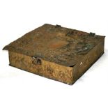 A large Dutch / Flemish brass document box decorated with foliate scrolls and central blank armorial