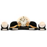 An Art Deco marble clock garniture, the clock 19.6ins wide. Condition Report Clock 19.6 wide by 9.