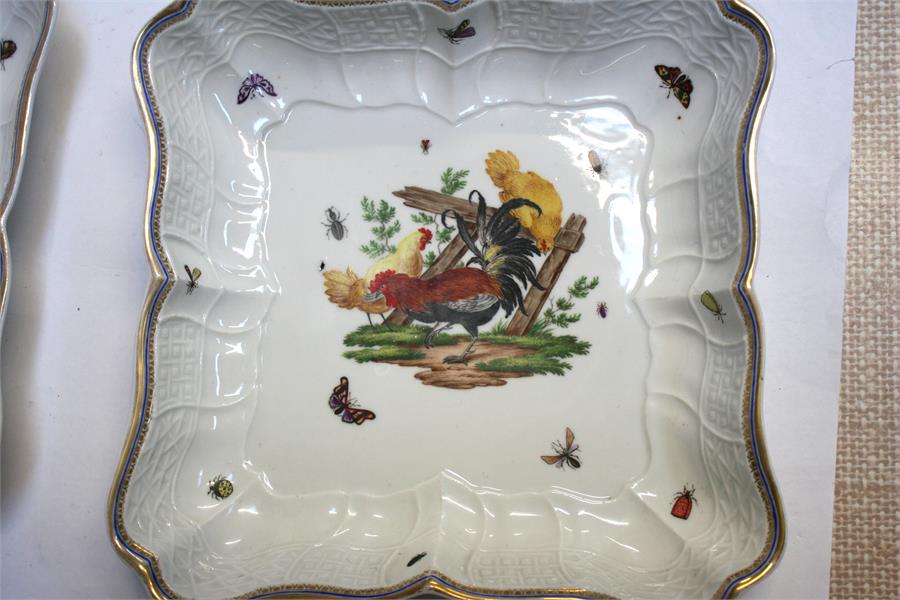 A set of four Meissen dishes of shaped form decorated birds and insects within an embossed border. - Image 5 of 6