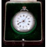 A Victorian silver open faced fob watch, the white enamel dail with Roman numerals and gilt