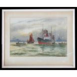 M Vennon Haynes - Steam Ship with Tug Boats - signed lower right corner, watercolour, framed and