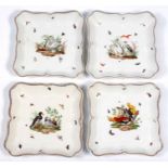 A set of four Meissen dishes of shaped form decorated birds and insects within an embossed border.