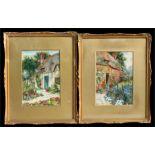 In the manner of David Woodlock (1842-1929) - Cottage Garden - a pair of watercolours, framed &
