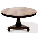 A William IV rosewood tilt-top breakfast table, on turned column with triform base, 122cms (48ins)