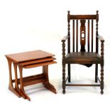 A retro 'G Plan' style nest of three occasional tables; together with a carver chair with