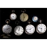 Four silver open faced pocket watches; two fob watches; and a ladies silver and enamel wrist