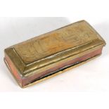 An 18th century Dutch brass & copper tobacco box engraved with figures, 12.5cms (5ins) wide.