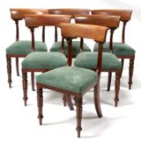 A set of six William IV mahogany dining chairs, with upholstered seats, on turned front supports.