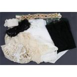 A collection of antique lace trim bonnets etc, to include embroidery and silk items.