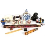 A Victorian ivory letter opener; a soapstone figure of a Fo dog; a blue & white tea caddy; and other