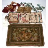 A quantity of textiles including a tapestry wallhanging and cushions; wall lights and door furniture
