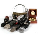 A quantity of vintage microphones, headphones and other items.