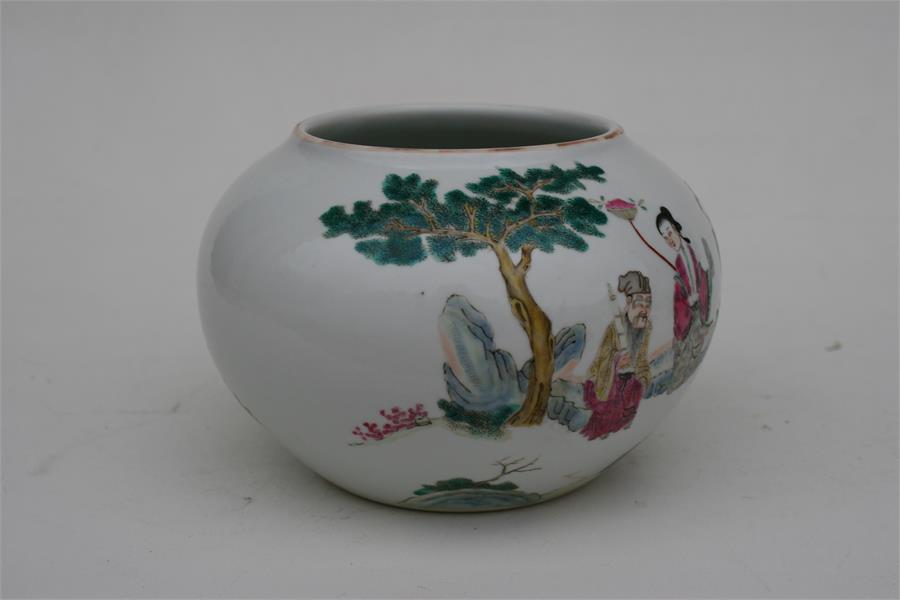 A Chinese famille rose brush washer of globular form, decorated with figures in a landscape, red - Image 5 of 7