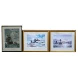 Two David Willis prints; and a print of HMS Victory.