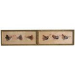 Auxenfans, a pair of feather pictures depicting chickens, framed & glazed, 22 by 8.5cms (8.5 by 3.
