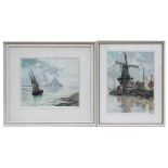 Hans Figura, signed aquatint - Dutch Windmill Scene - 30 by 40cms (11.75 by 15.75ins); and another