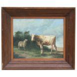Wolsley (?) naive school, Belgium cow and a sheep, oil on board, framed, 49cm x 39cm (19.25ins x