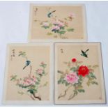Three Chinese paintings on silk depicting birds and flowers, 35 by 45cms (13.75 by 17.75ins) (3).