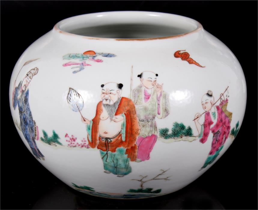 A Chinese famille rose brush washer of globular form, decorated with figures in a landscape, red