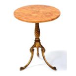 A giltwood tripod table with painted faux marble top, 45cms (17.75ins) diameter.