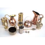 An Aberaman Colliery brass Miner's lamp, and other copper & brass items.