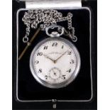 An Art deco silver pocket watch by Prima Homis Watch Co., with silver Albert chain in presentation