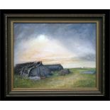 Modern British - Fisherman's Huts, Holy Island - oil on canvas, framed, 40 by 32cms (15.75 by 12.