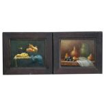 A pair of still life paintings - Fruit & Vases - oil on boards, framed, 24 by 19.5cms (9.5 by 7.