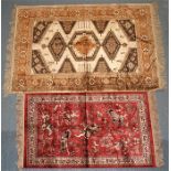 A machine made Belgium silk effect rug decorated with hunters on horseback, ona red ground, 68 by